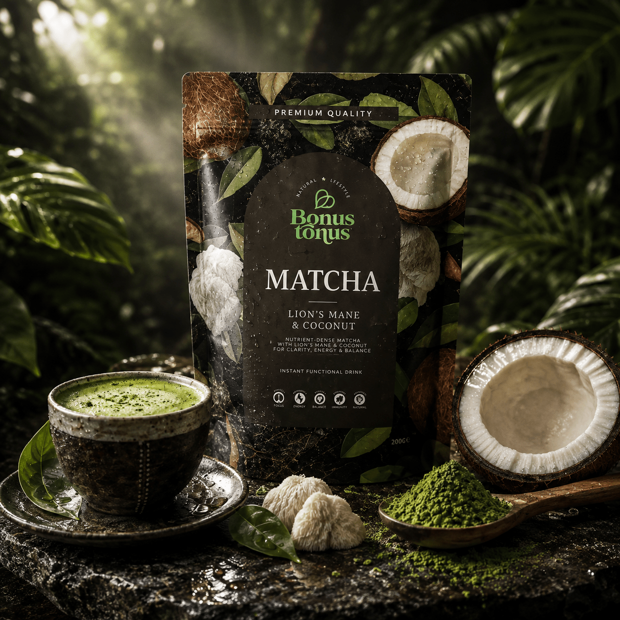 Ceremoninė Matcha su Kolagenu, Liūto Karčiu ir Funkciniais Grybais | 200gBONUS TONUS