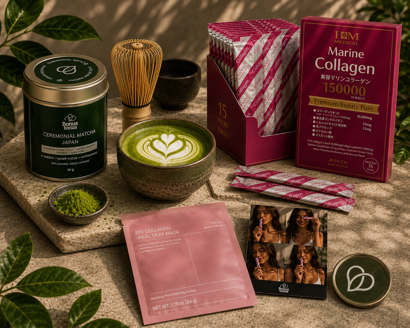 Grožio ritualas: Japoniškas kolagenas + Ceremoninė matcha + Drėkinanti kolageno kaukė