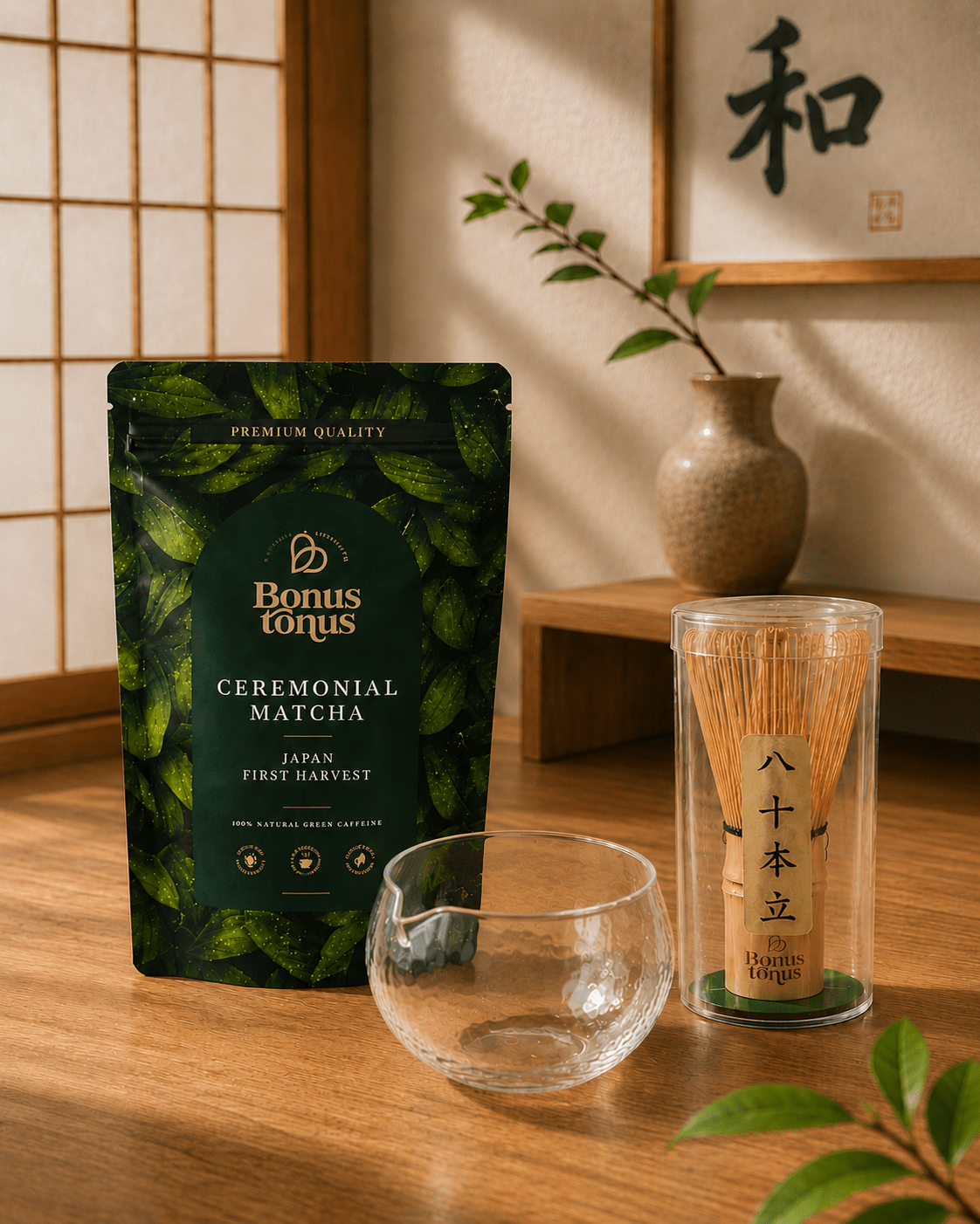 Energijos ritualas: Ceremoninė matcha 100g + Bambukinė šluotelė + Matcha indasBONUS TONUS